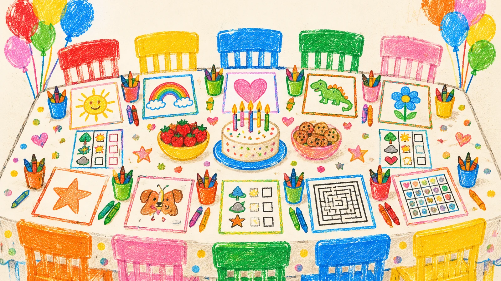 A crayon-style illustration of a birthday table set for ten children with colorful name coloring cards, crayons, a scavenger hunt sheet, bingo cards and maze printouts.