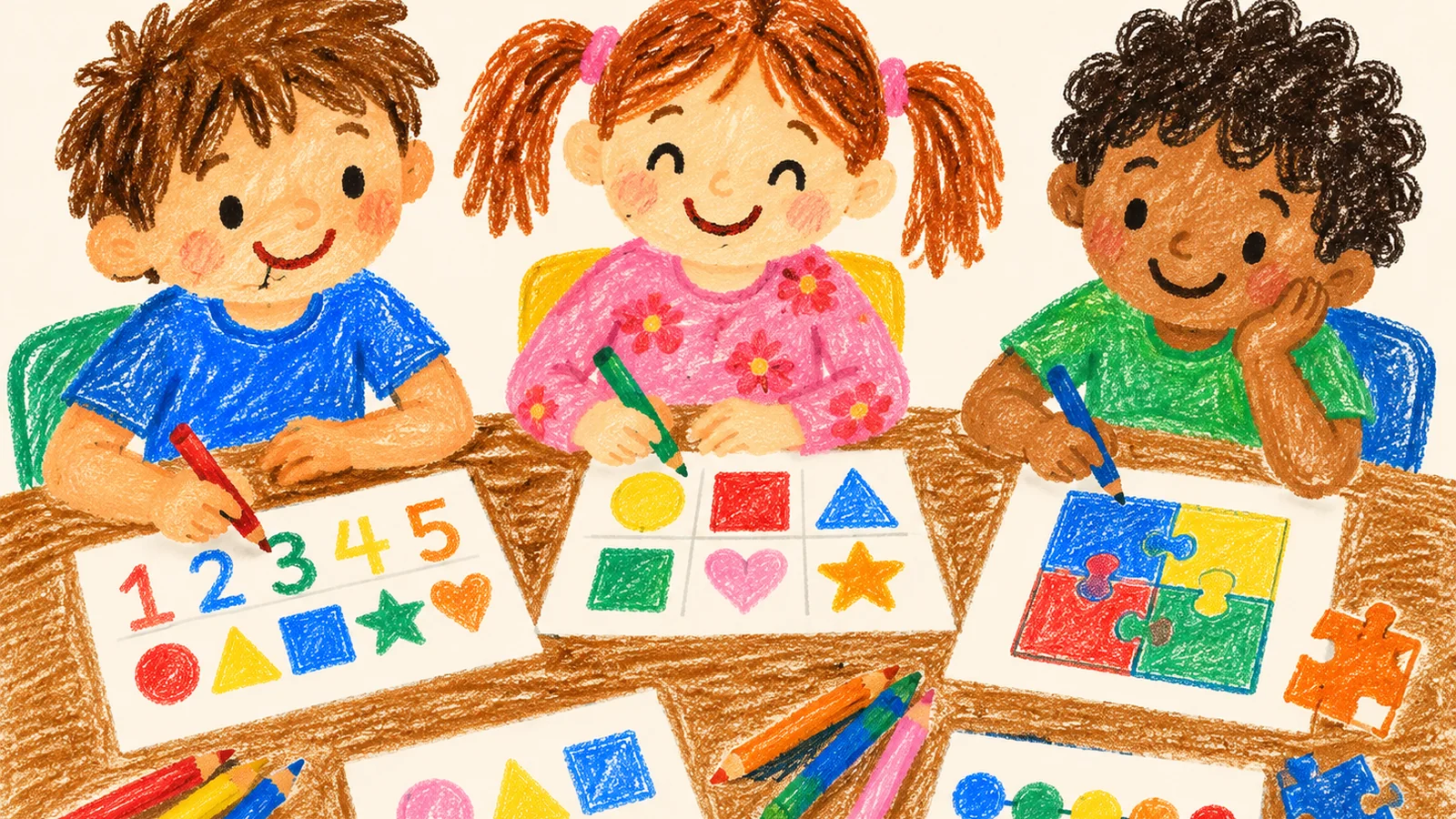 A colorful crayon-style illustration of children gathered around a table solving number puzzles, word riddles and pattern challenges on sheets of paper.