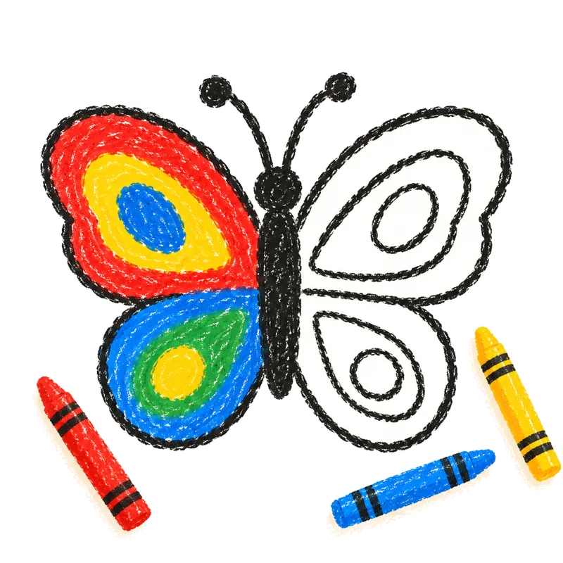 A crayon drawing of a half-colored butterfly with three crayons