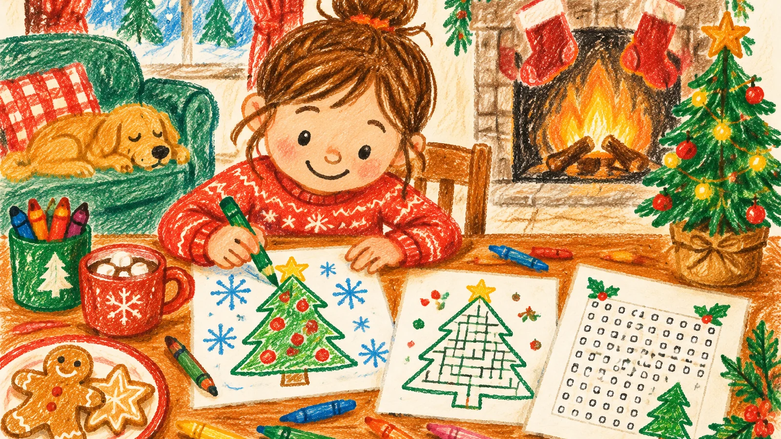 A Christmas activity table with a child coloring a Christmas tree, a printed snowflake page, a tree-shaped maze, a word search and colored pencils beside a softly lit Christmas tree.