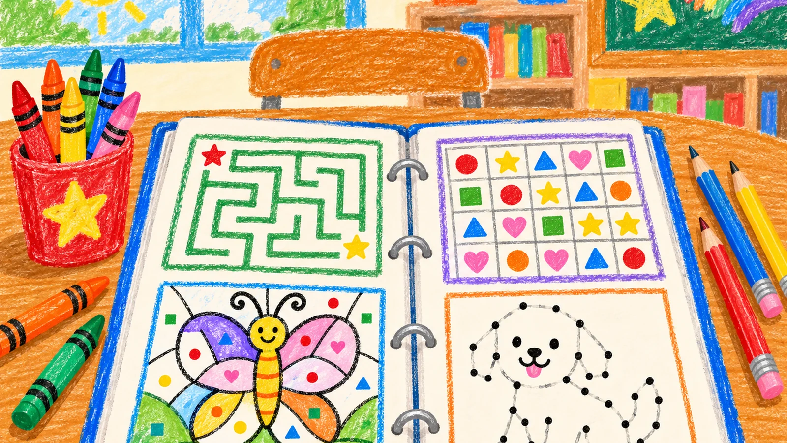 A classroom desk holds a three-ring binder of printable mazes, a word search, a color by number worksheet, a dot to dot page, pencils and colored crayons.