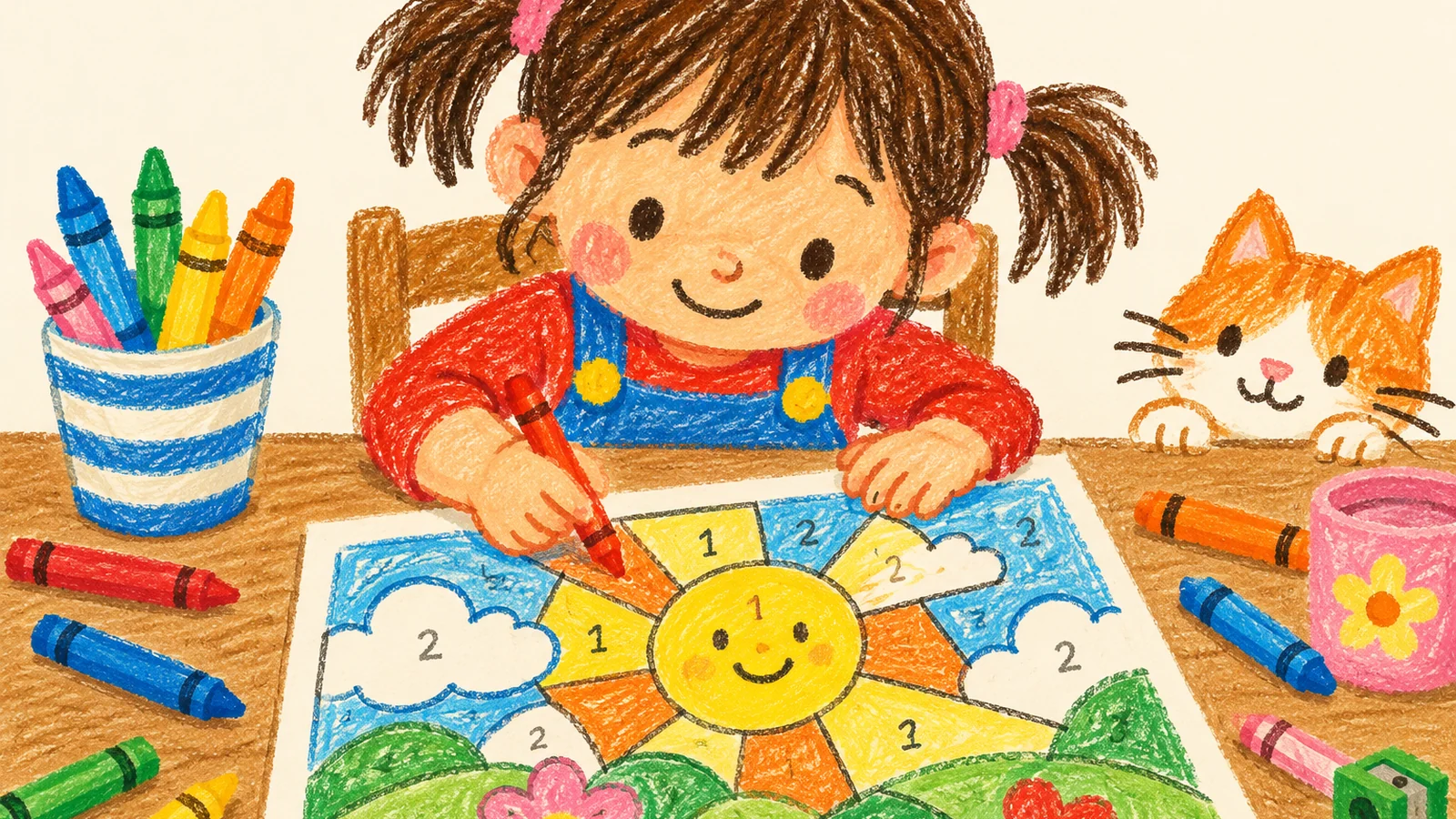 A child coloring a numbered picture with crayons on a table beside a completed color by number page.