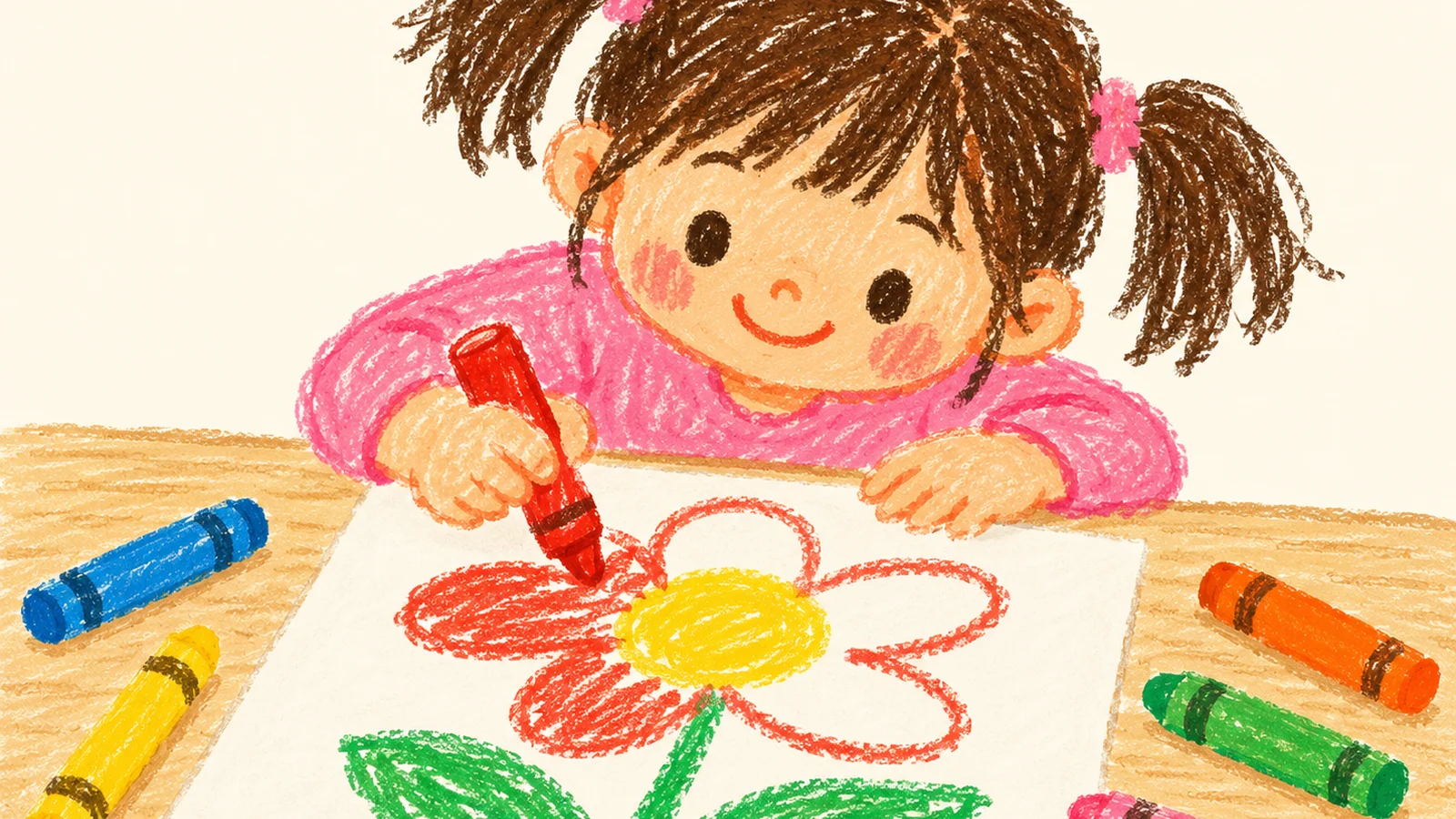 A young child colors a large outlined flower with chunky crayons spread across a pale wooden table.