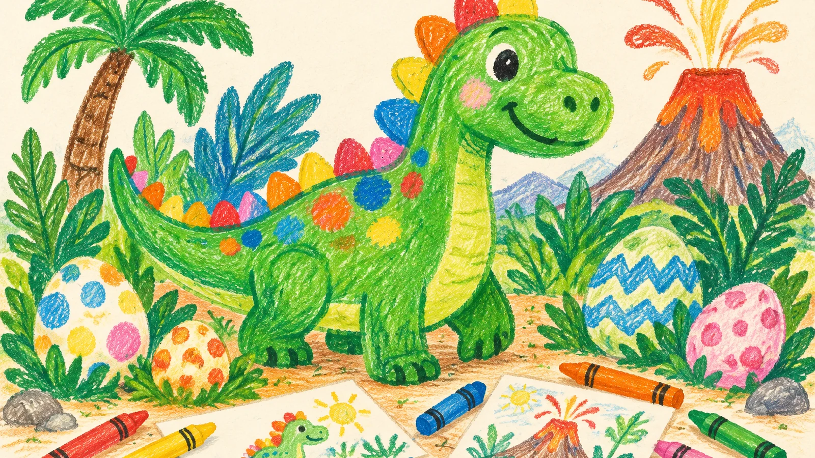 A smiling green cartoon dinosaur with colorful scales stands beside dinosaur eggs, leafy plants, a volcano and a set of crayons on a children's activity table.