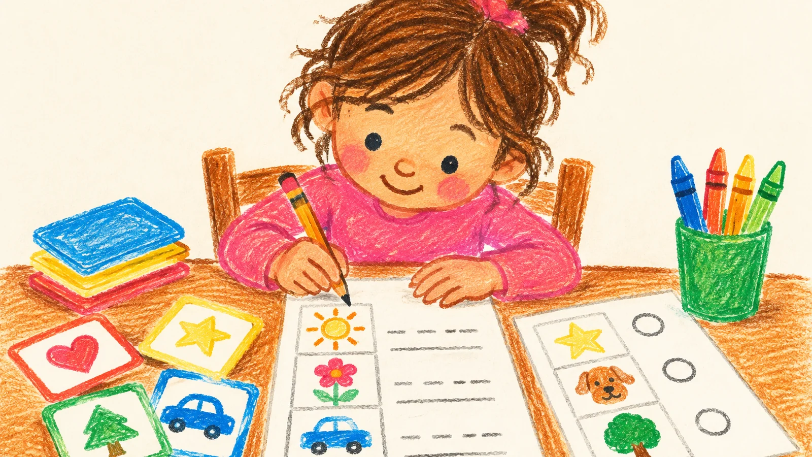 A child sits at a table with a pencil, colorful sight word cards, and simple reading worksheets spread across the surface.