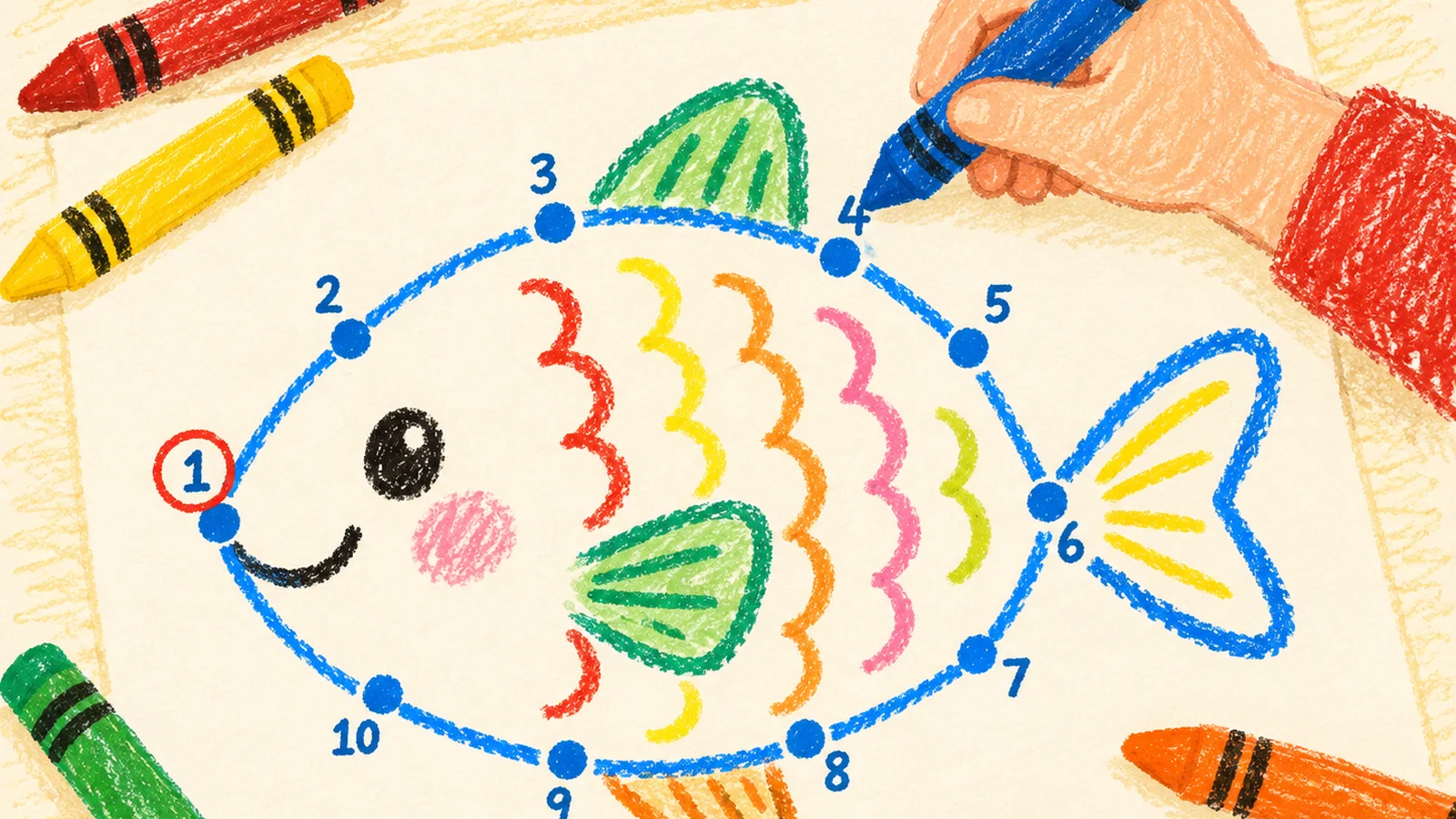 Crayon illustration of a preschool child's hand connecting numbered dots to form a smiling fish on white paper beside colorful crayons.