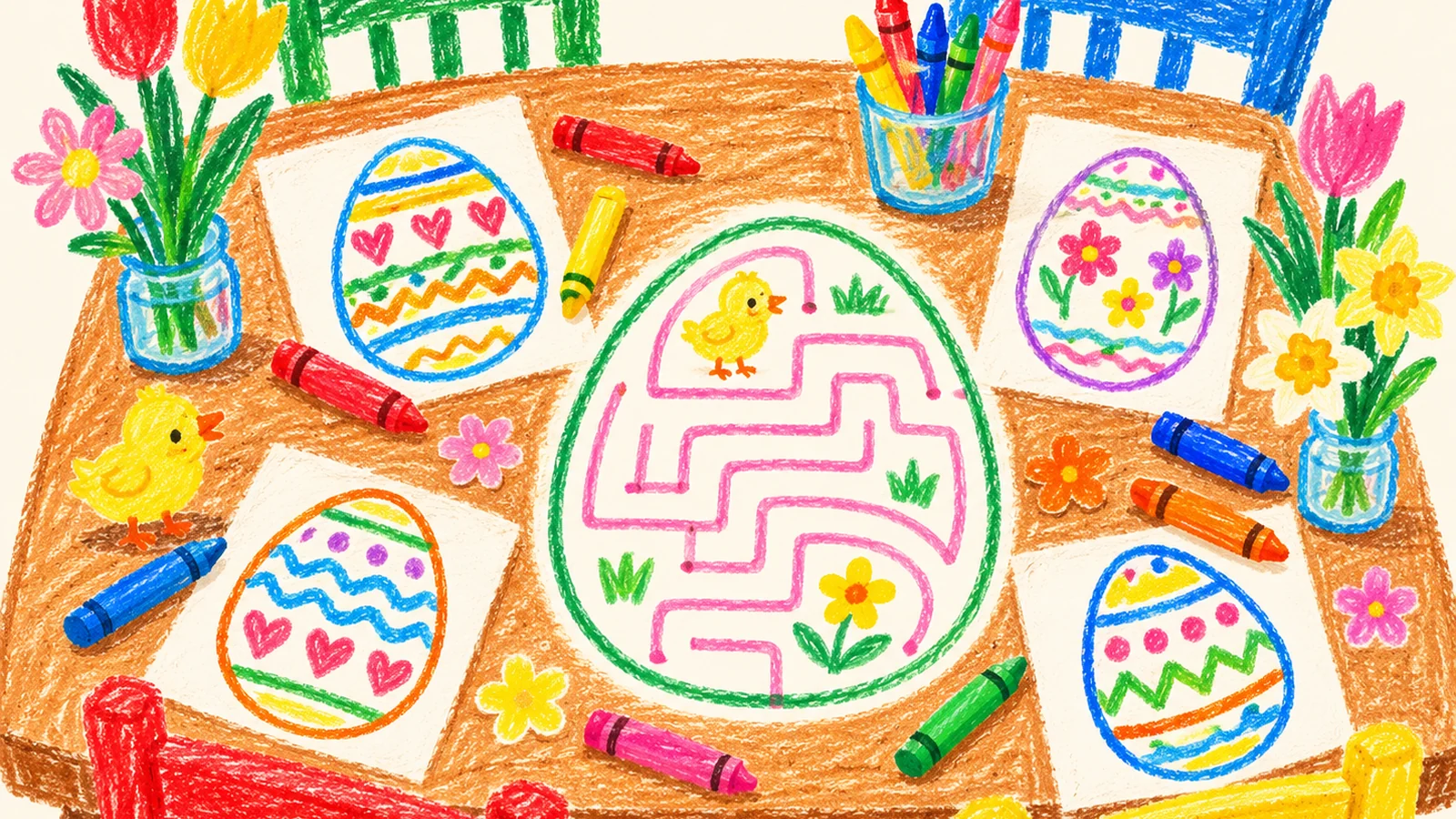 Children's crayons and colored pencils sit beside printable Easter egg designs, a simple maze and spring activity sheets on a family table.
