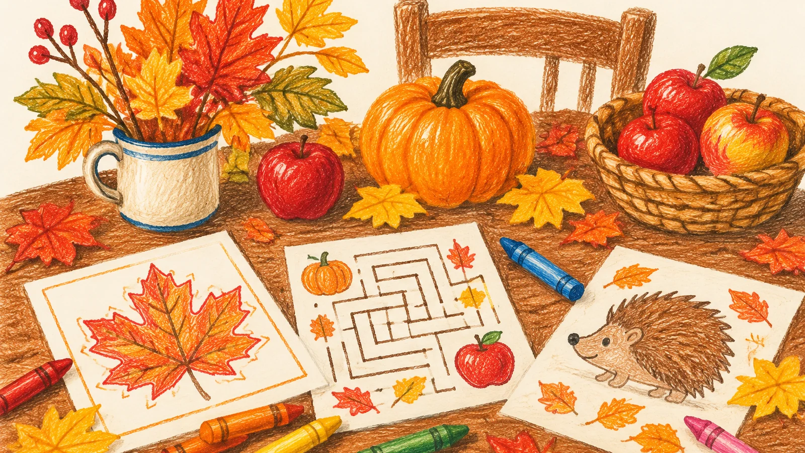 A fall activity table with colorful paper leaves, crayons, apple counting sheets, a pumpkin maze and a small basket of fallen leaves.