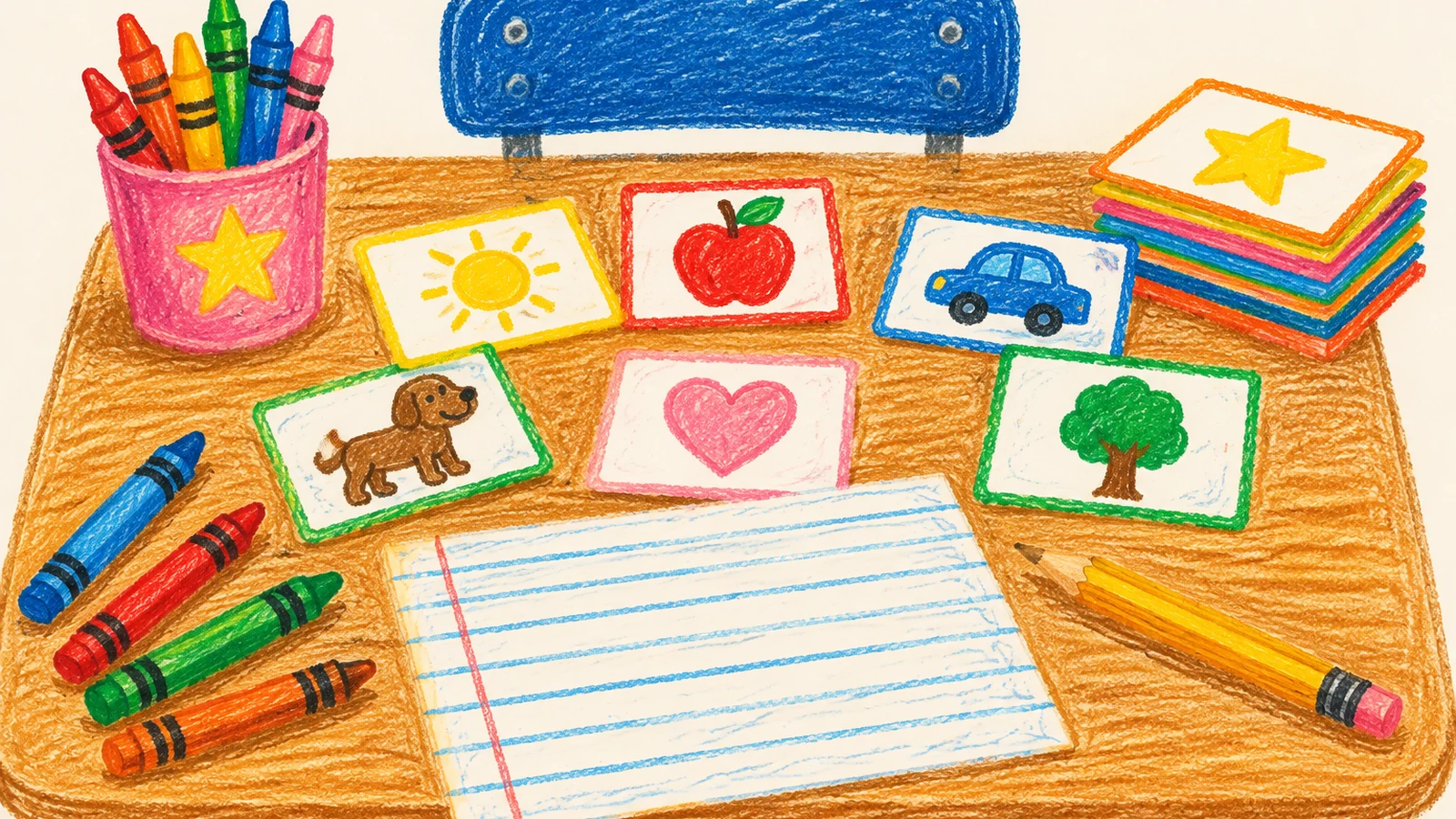 A cheerful first grade reading scene with sight word cards, a pencil, lined handwriting paper, and crayons arranged on a child's desk.