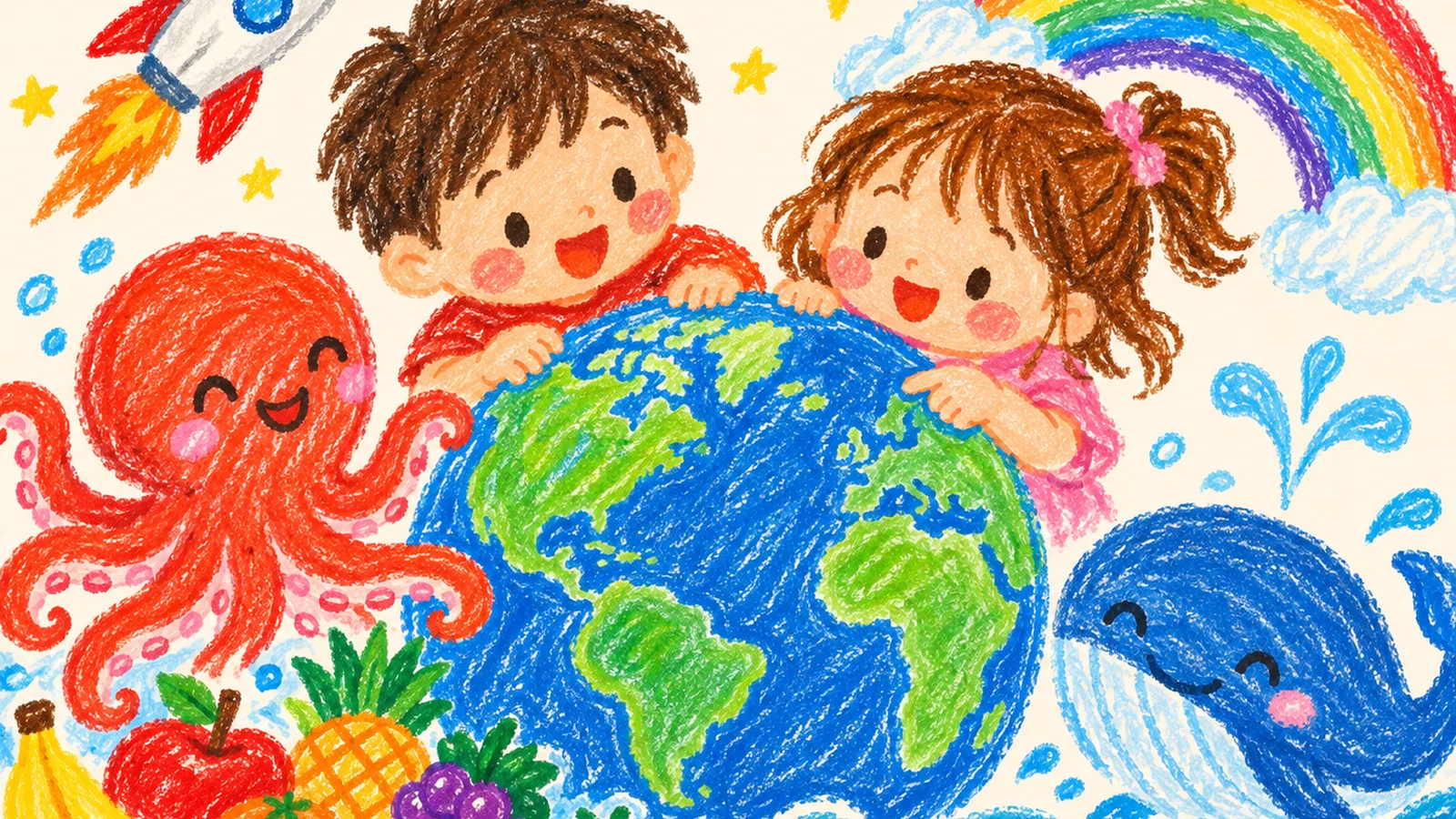 A cheerful crayon-style illustration of children exploring a globe beside a friendly octopus, a rocket, a rainbow, a whale and a plate of fruit.
