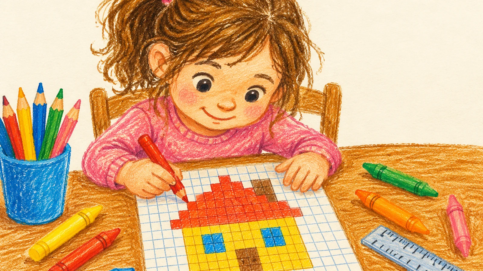 A child uses colored pencils to make a small pixel art house on graph paper at a wooden table with a ruler and crayons nearby.