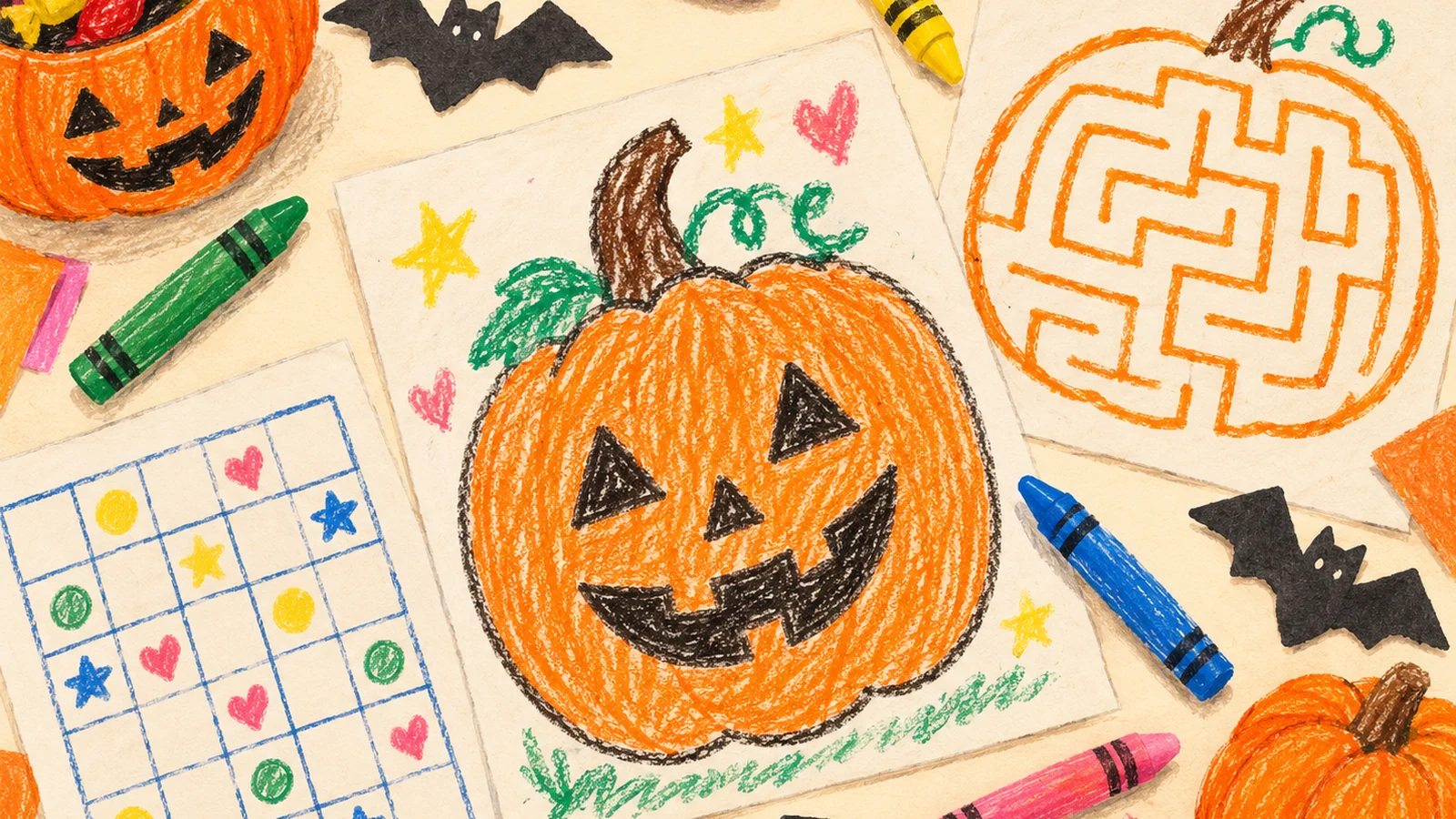 A Halloween party table with pumpkin coloring sheets, crayons, a pumpkin-shaped maze, a word search and small paper bats beside a scavenger hunt checklist.