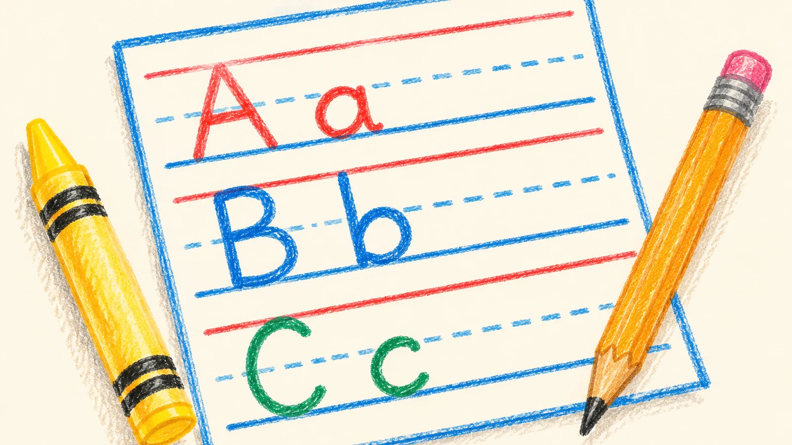 A sheet of primary handwriting paper with solid top and bottom lines and a dashed middle line beside a yellow crayon and a child's pencil-written letters.