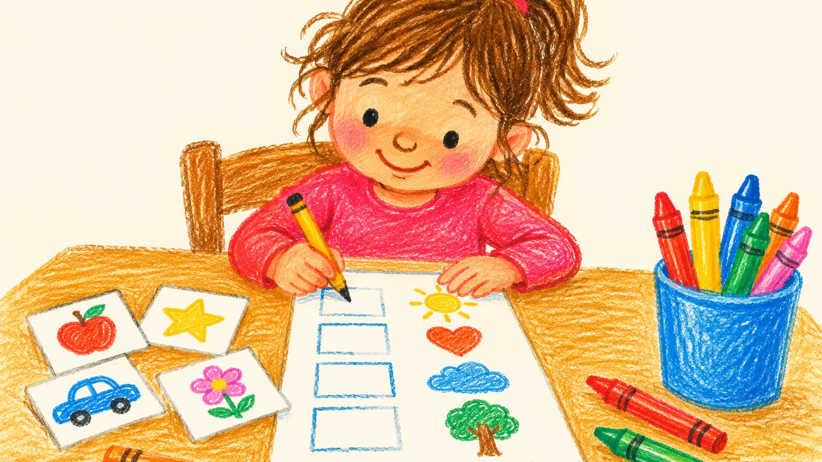 A child sits at a small table using crayons beside a simple sight word practice sheet and a small stack of word cards.