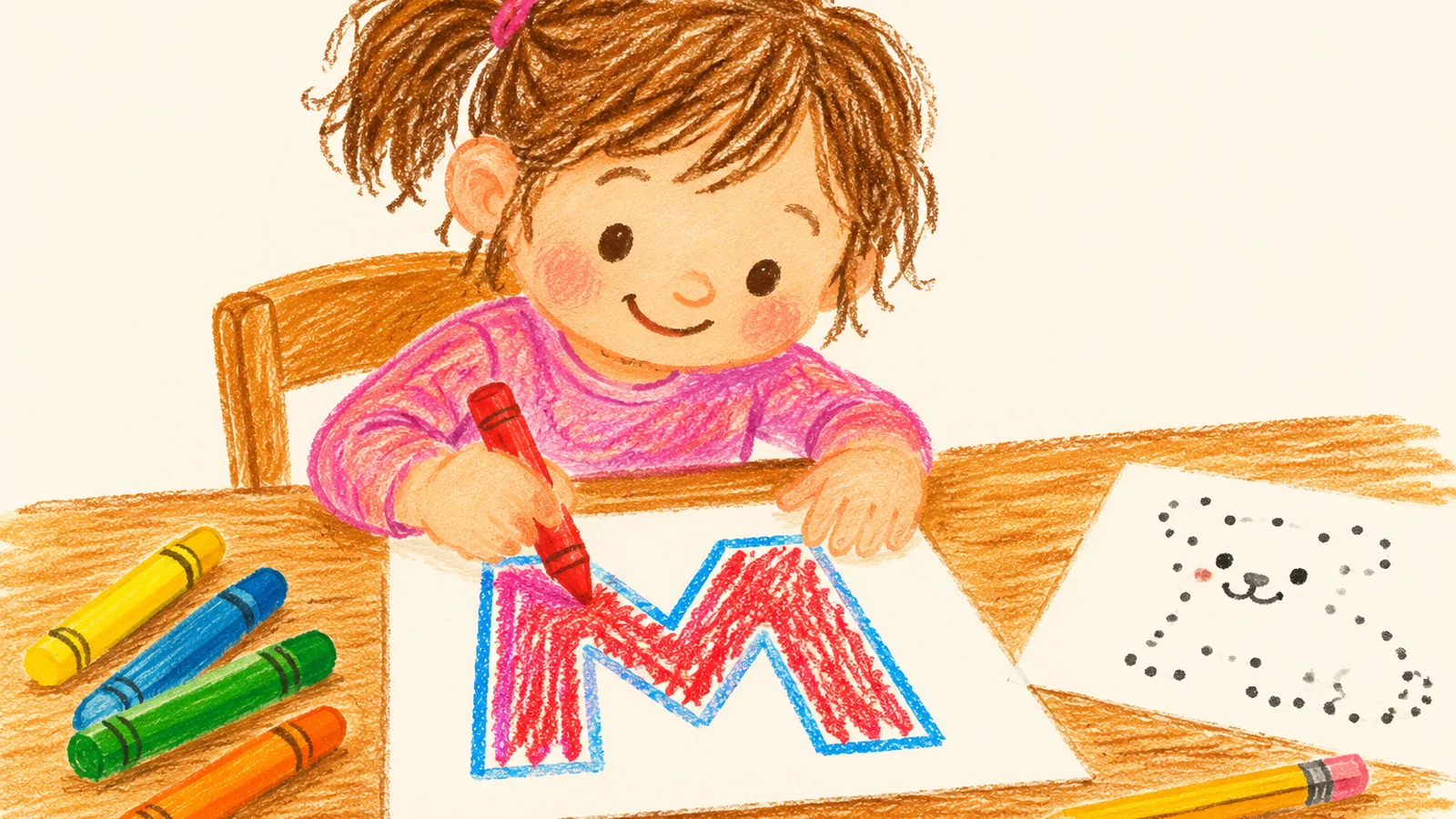 A preschool child colors a large letter M on a printable worksheet at a wooden table with crayons, a pencil, and a simple dot to dot page nearby.