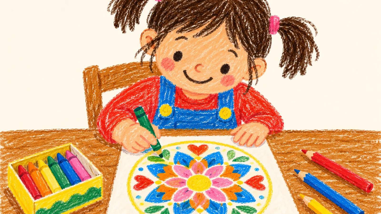 A child colors a circular mandala with colored pencils in blue, yellow, and green at a wooden table beside a neat row of crayons.