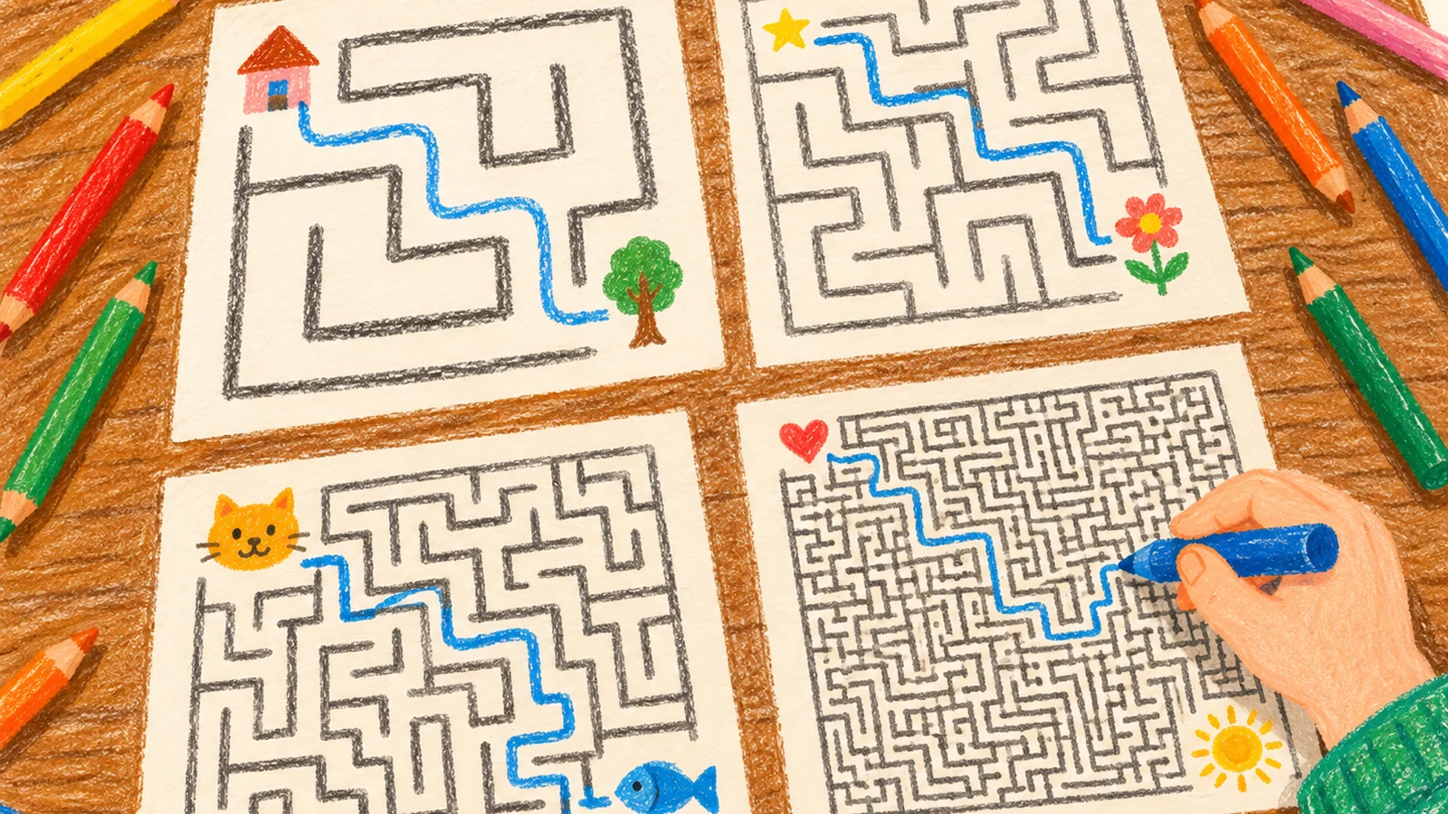A child uses a blue crayon to solve a printed maze beside four maze sheets of increasing difficulty on a wooden table.