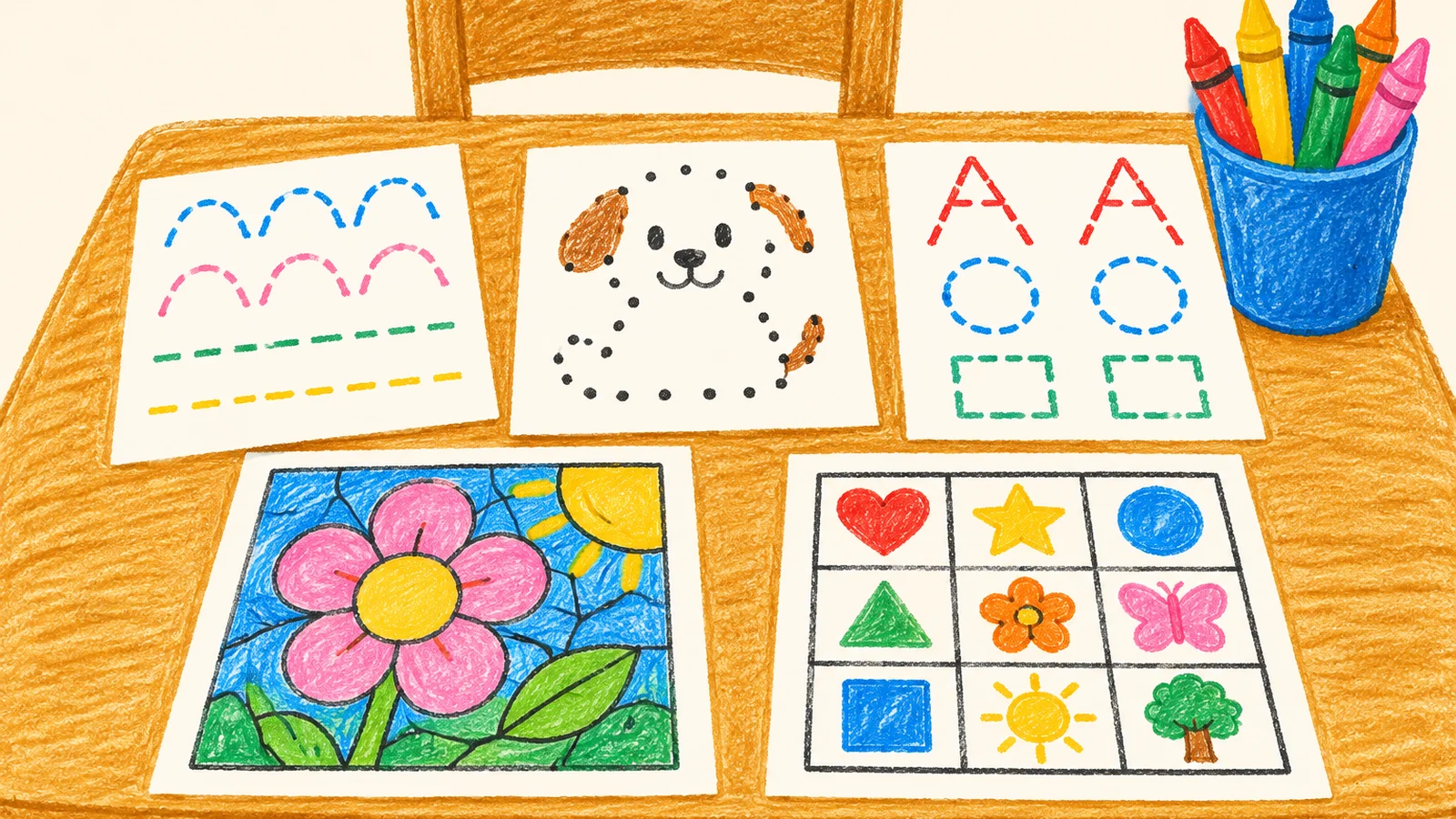 A kindergarten desk holds a sight word tracing sheet, a short dot to dot page, letter practice paper, a small color by number activity, crayons, and a simple bingo board.