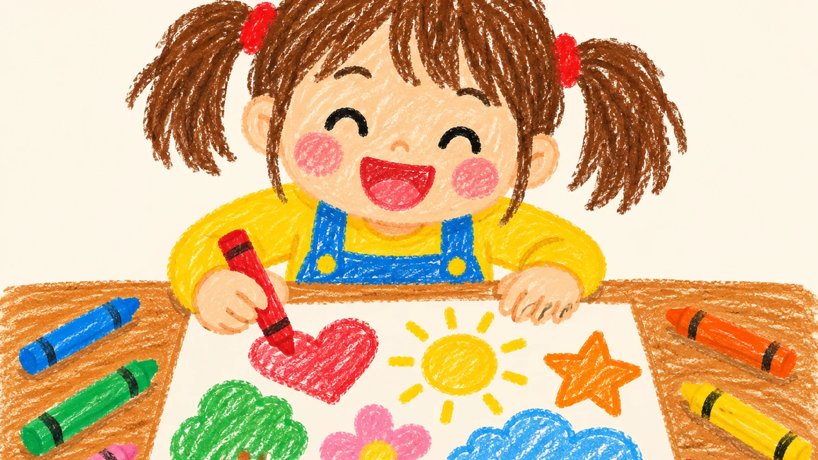 A child colors large outlined letters spelling a name on a sheet of paper at a wooden table with crayons nearby.
