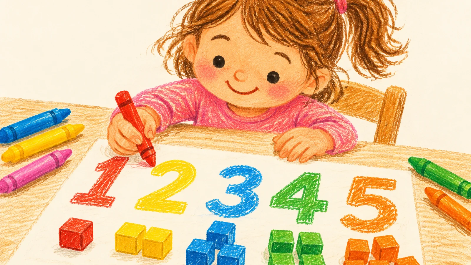 A preschool child uses chunky crayons to color large number shapes beside groups of small counting objects on a bright activity table.