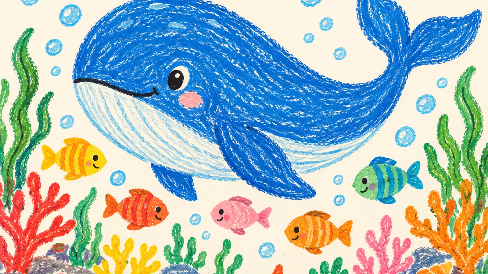 A cheerful underwater scene with colorful fish swimming beside a large whale, seaweed, coral and small bubbles.