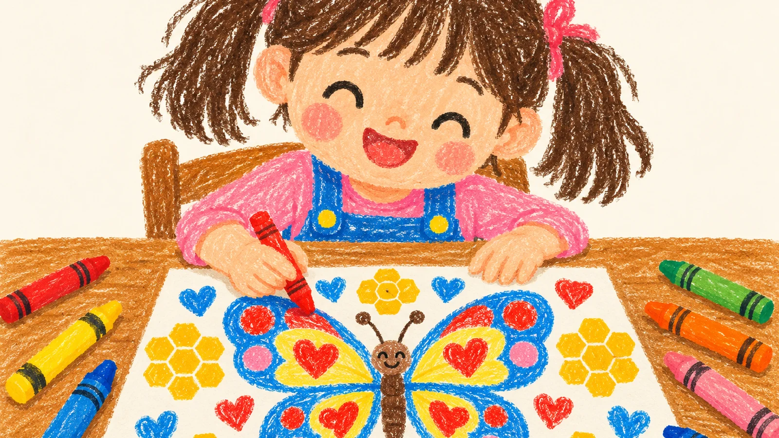 A child coloring a repeating pattern of colorful triangles beside a butterfly with matching symmetrical wings and a honeycomb design.