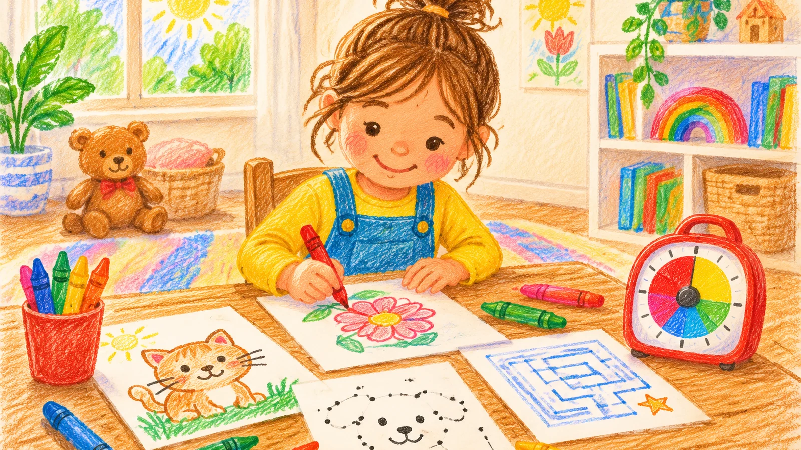 A preschool child sits at a small wooden table coloring a printable page beside a simple dot to dot worksheet, a small maze, crayons and a visual timer.