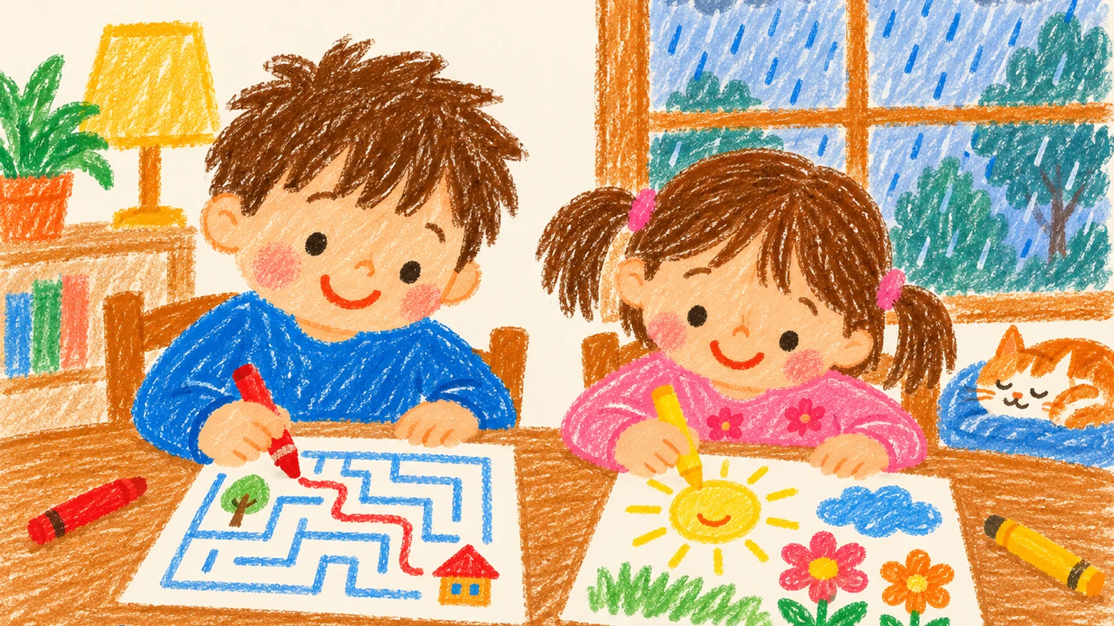 Two children sit at a kitchen table on a rainy afternoon with printed mazes, coloring pages, crayons, a dot to dot sheet, and a scavenger hunt page.