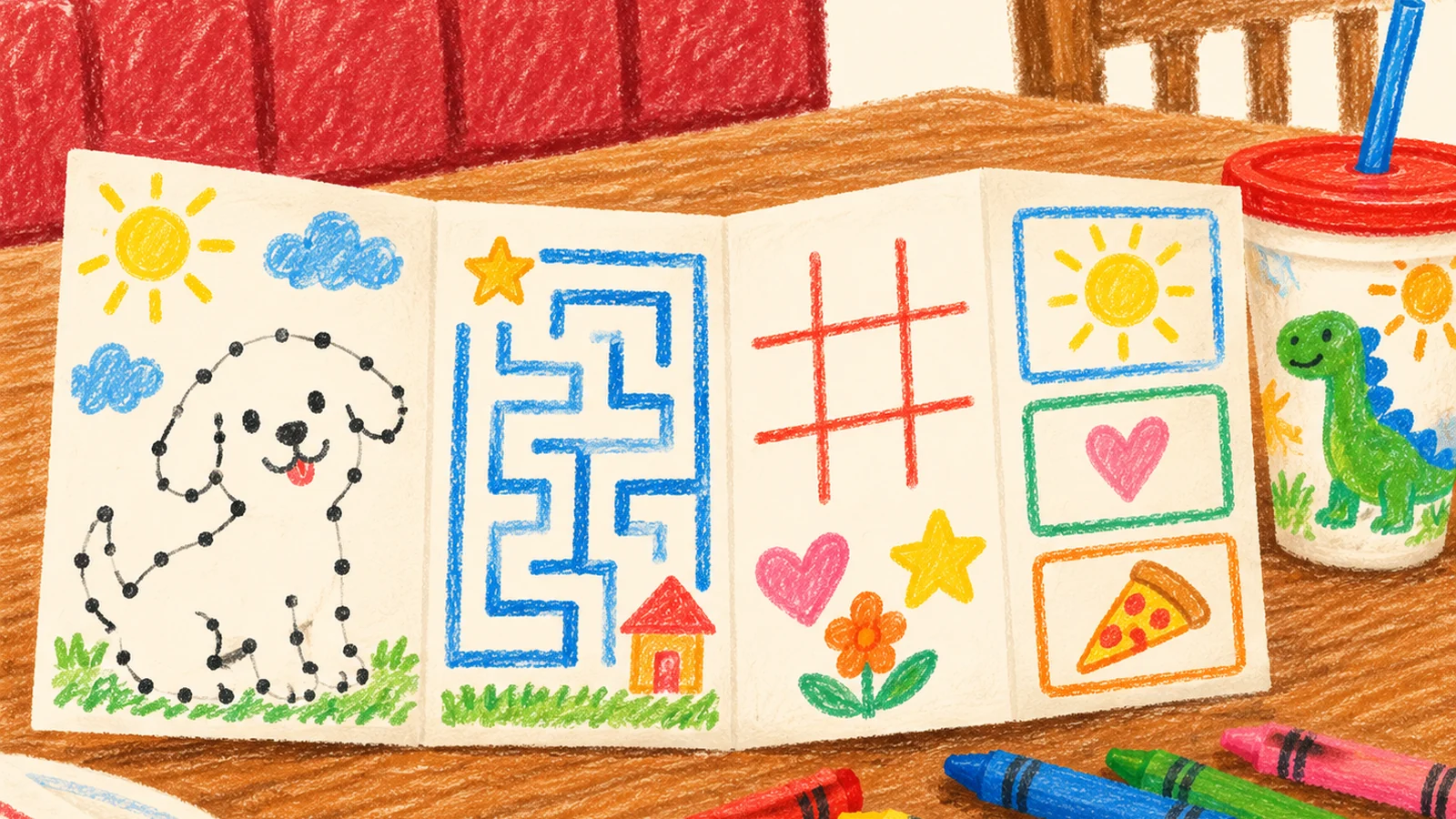 A small envelope of folded activity sheets, a simple dot to dot, a maze, a would-you-rather card, tic-tac-toe, and chunky crayons arranged on a restaurant table beside a child's cup.