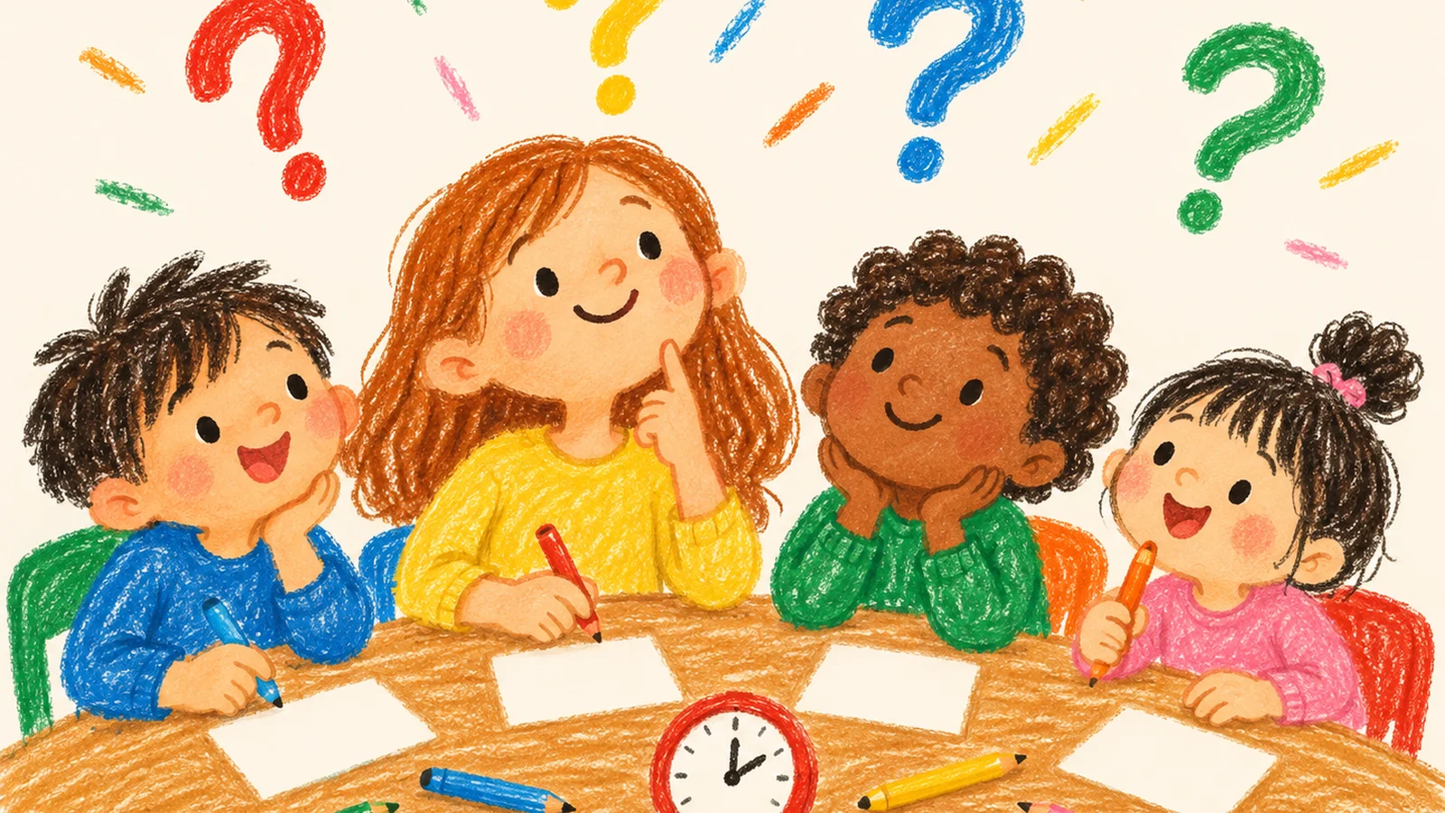 A colorful crayon illustration of four smiling children solving riddles around a table with question mark cards, pencils and paper.