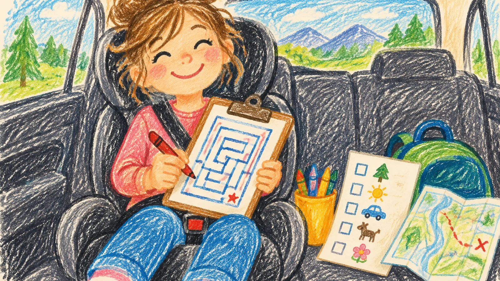 A child sits in the back seat of a family car with a clipboard, crayons, a scavenger hunt checklist and printed maze pages on their lap.