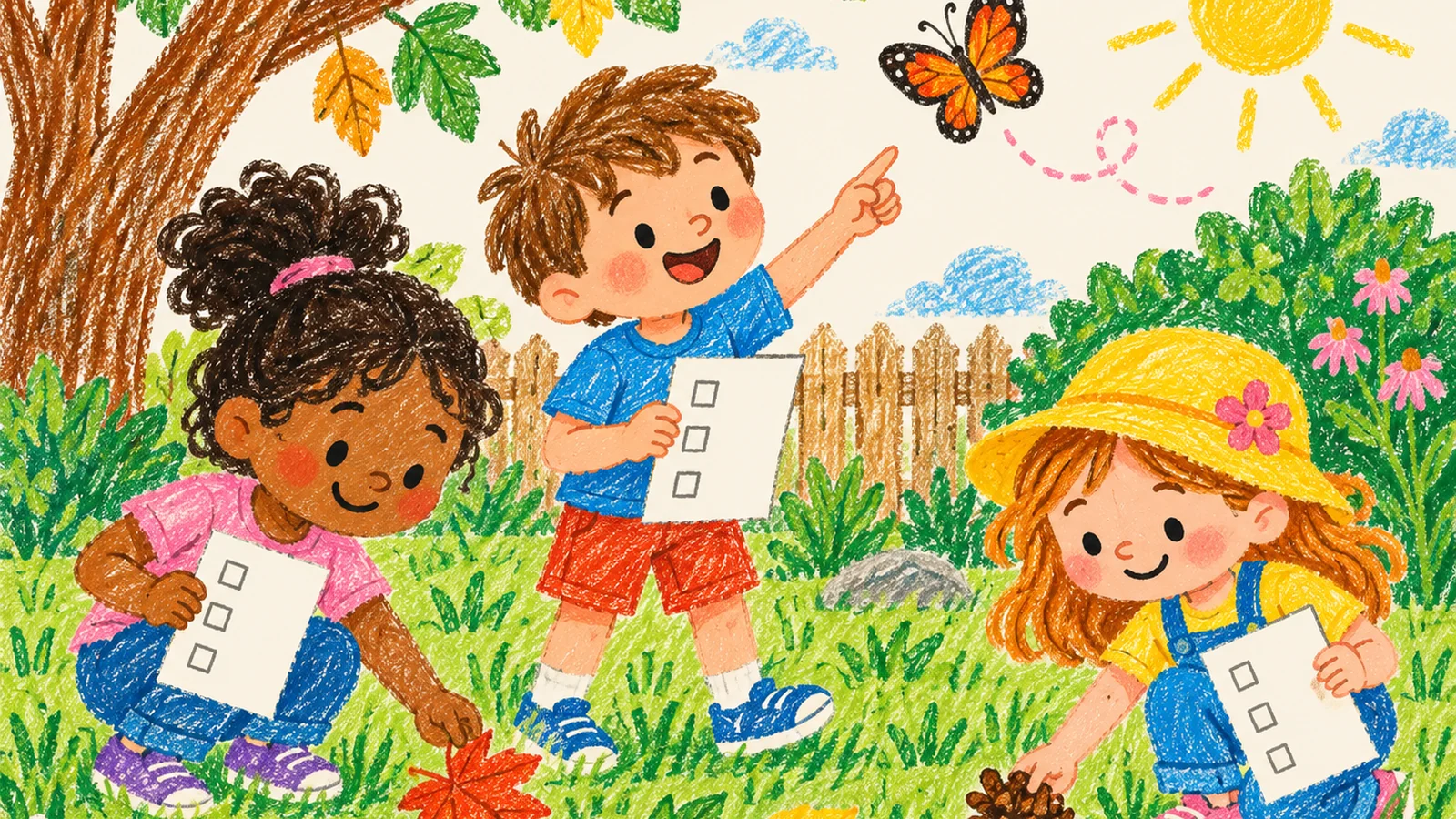 A crayon-style illustration of three children holding scavenger hunt checklists beside a tree, with a butterfly, colorful leaves and a small basket nearby.