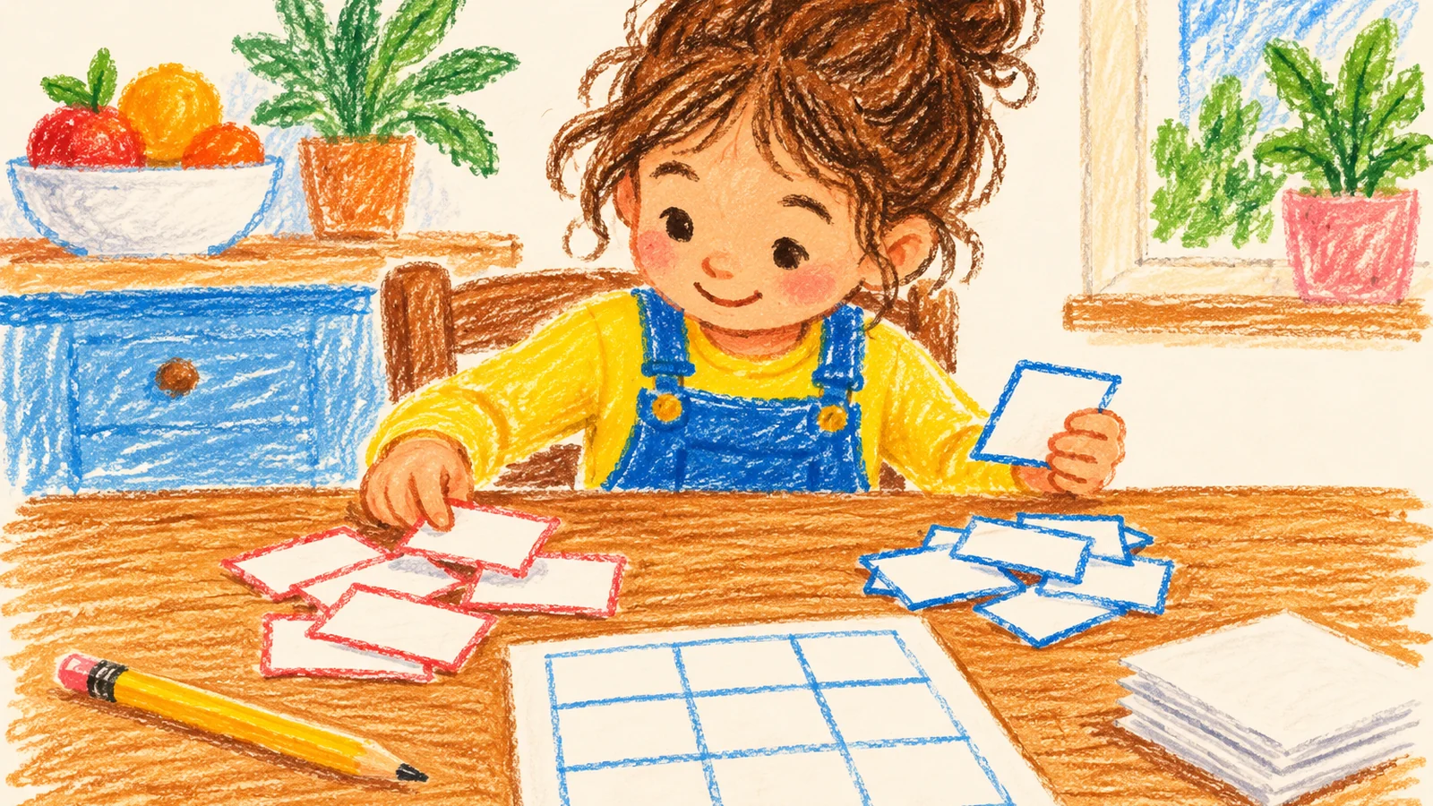 A child practices sight words at a wooden table with handwritten flashcards, two small card piles, a pencil, and a colorful bingo sheet.