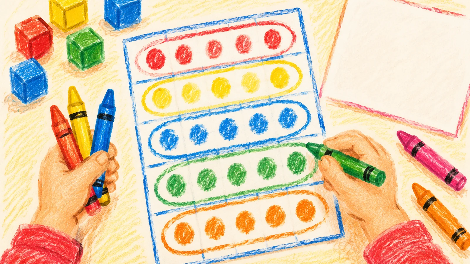 A child uses colorful crayons beside a handwritten number chart showing skip counting patterns by twos, fives and tens.