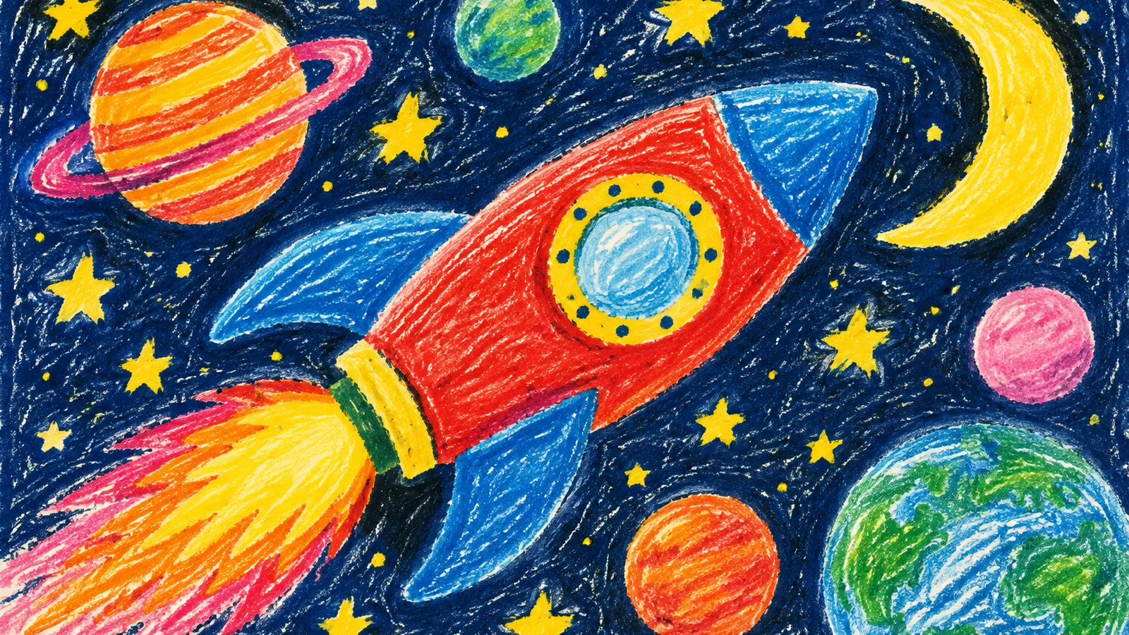 A cheerful space-themed illustration showing a colorful rocket, a smiling crescent moon, stars and planets against a deep blue night sky.