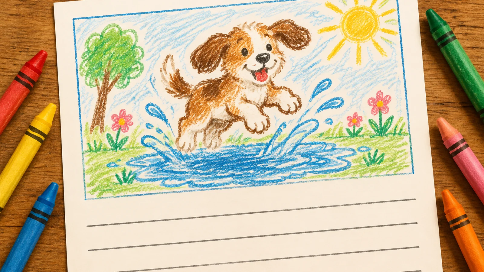 A sheet of story paper on a wooden table shows a child's crayon drawing of a puppy in the rain above several handwritten practice lines, with crayons beside the page.