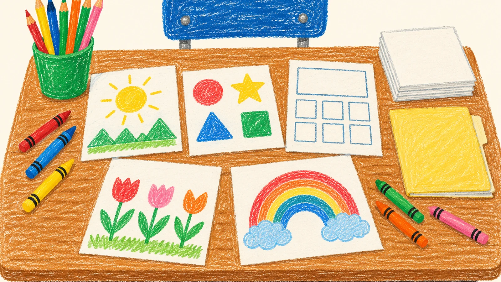A teacher's desk holds a neatly stacked word search, a maze worksheet, a color by number page, crayons, and a folder prepared for a substitute teacher.