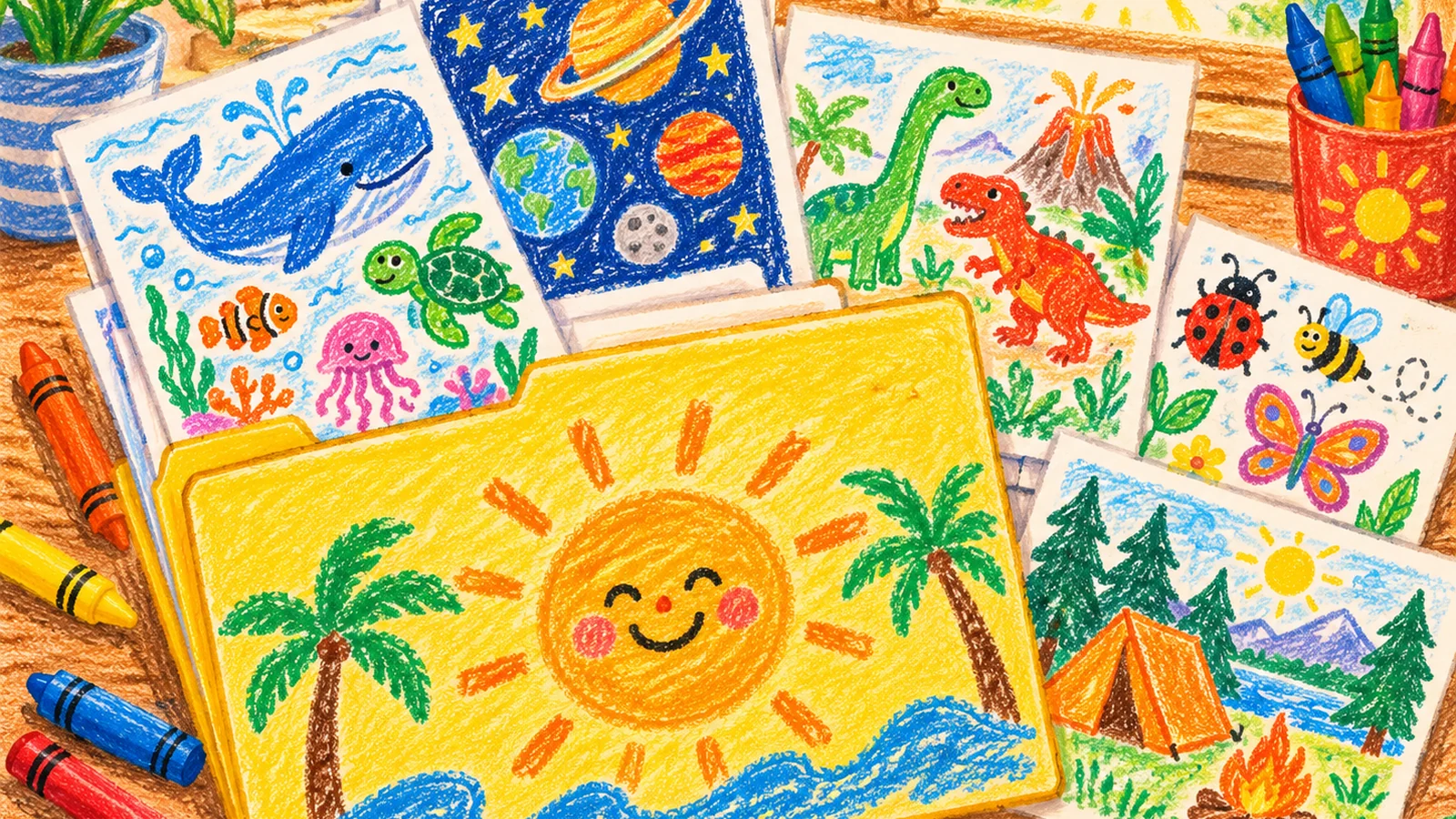 A summer activity folder sits on a sunny table beside crayons, a coloring page with sea creatures, a word search, a maze and a scavenger hunt sheet.