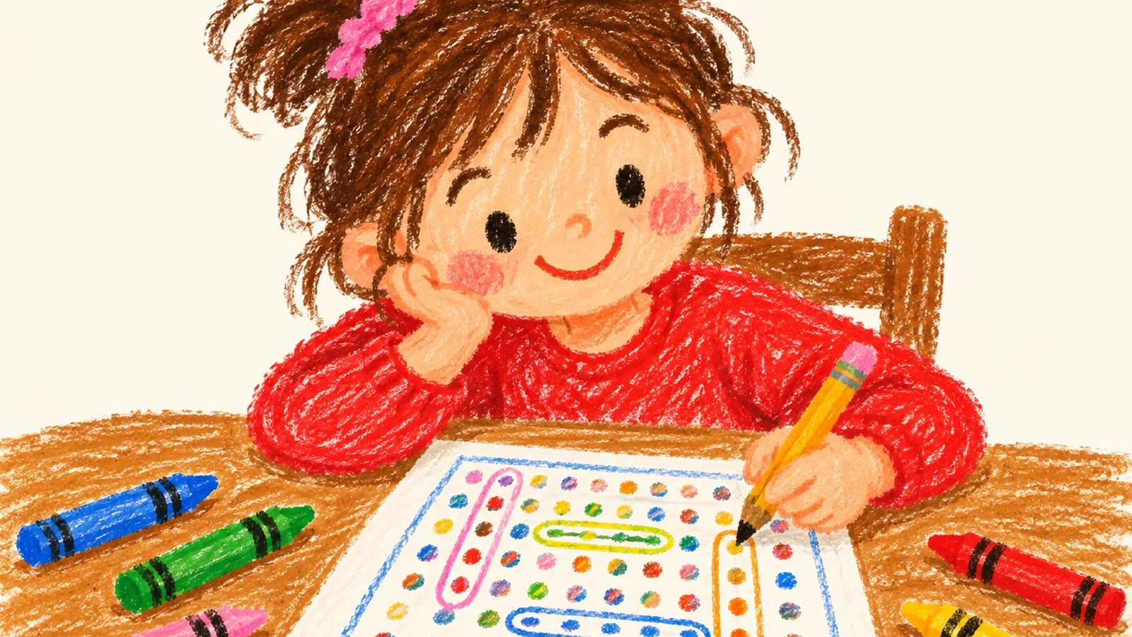 A child sits at a table with a pencil beside a colorful word search worksheet and learning materials.